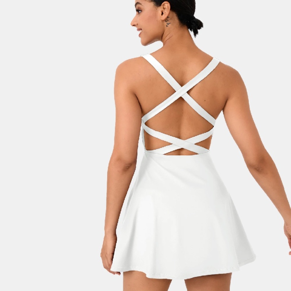 HALARA White Dress with shorts under. Strappy back.
